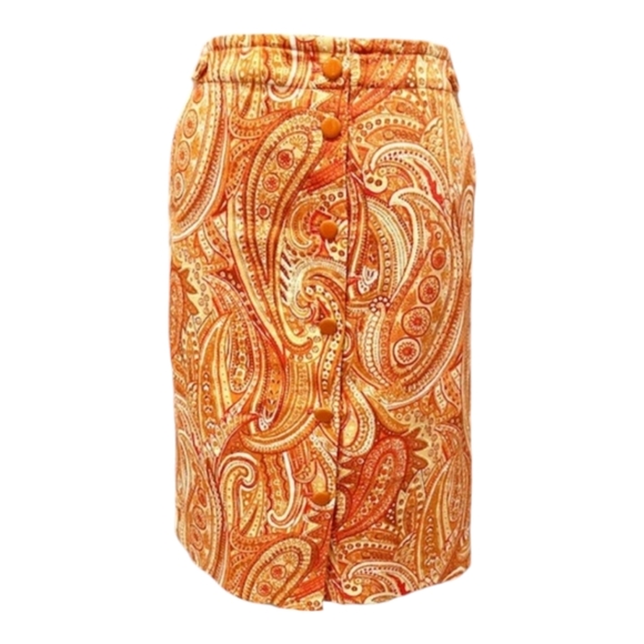 Talbots Paisley Pencil Skirt Orange Button Front Retro Secretary Career Casual - Picture 5 of 14